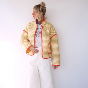 Vintage Butter Yellow Gingham Quilted Jacket | Oversized Quilt Liner Coat Oversized  | Unisex Round Quilted Puffer Coat Bomber | M 