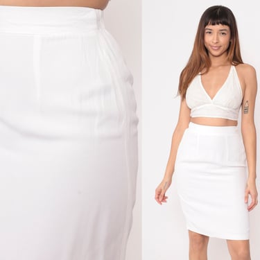 80s Pencil Skirt Tight White Skirt 1980s Vintage High Elastic Waist Party Skirt Wiggle Knee Length Mini Skirt Extra Small xs s 