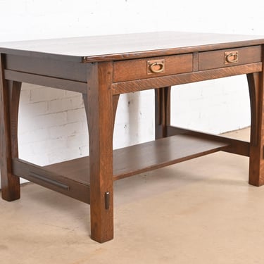 Signed Gustav Stickley Mission Oak Arts &#038; Crafts Writing Desk or Library Table, Newly Restored