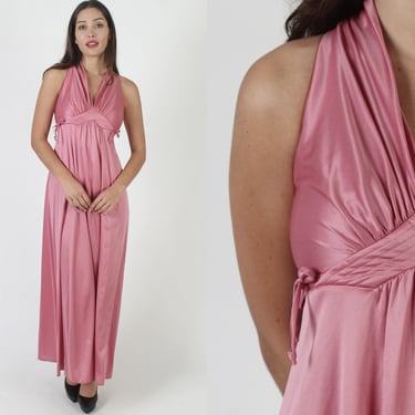 Pink Grecian Goddess Maxi Dress, Vintage 70s Long Waist Tie Toga Outfit, Womens Sexy Disco Party Gown 