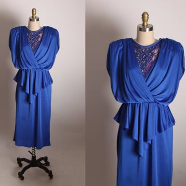 1980s Blue Draped Sheer Lace and Rhinestone Detail Formal Dress -S 
