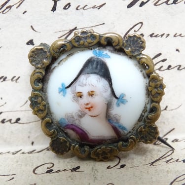 Antique French Hand Painted Miniature Portrait in Brass Filigree Pin, , Vintage Art Painting Brooch 