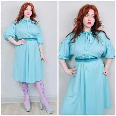 1970s Vintage Mint Green / Turquoise Poly Cotton Balloon Sleeve Dress / 70s Belted Bow Tie Fit and Flare Knit / Medium - XL 