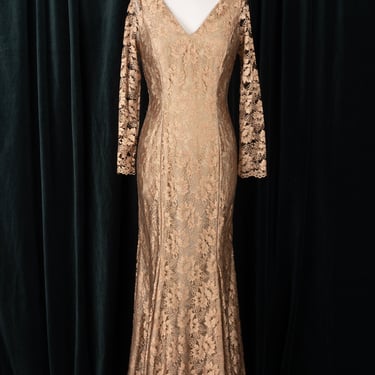 RARE Metallic Gold Lace and Silk Floor Length Mermaid Gown by Kalima Original NYC 1980s 