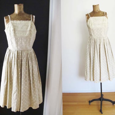 Vintage 50s Lace and Polka Dot Beige White Strappy Sundress XS - 1950s Rockabilly Neutral Full Skirt Dress 