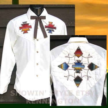 Kennington Vintage Western Men's Cowboy Shirt, Rodeo Shirt, Ivory with Southwestern Appliqued Designs, Approx. Small (see meas. photo) 