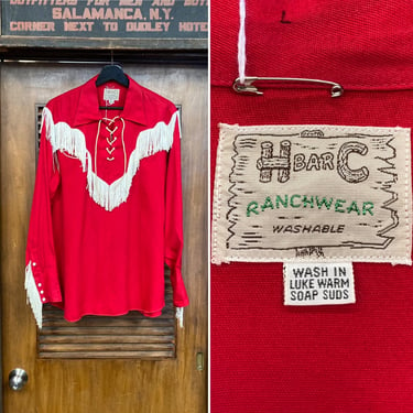 Vintage 1950’s “H Bar C” Ranchwear Rayon Gabardine Western Cowboy Fringe Pullover Rockabilly Shirt, 50’s Vintage Clothing 