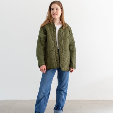 Vintage Green Liner Jacket | Unisex Wavy Quilted Nylon Coat | M | LI130 
