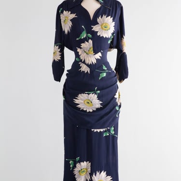 Fabulous 1940's Lilli Diamond Daisy Print Rayon Dress / Small