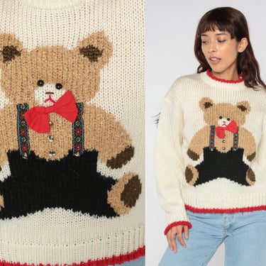 Teddy Bear Sweater 90s Cream Novelty Print Bow Sweater Slouchy Boho Cute Kawaii Knit Sweater Retro Pullover Red Knitwear Vintage 1990s Large 