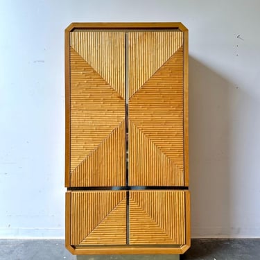 Vintage Pencil Reed style oak and brass highboy dresser 