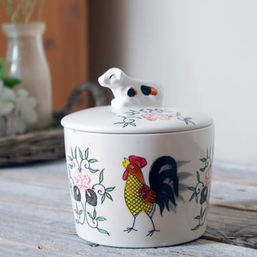 Vintage rooster & cow lidded canister / farmhouse cheese crock / farm animal container / roses and rooster French country farmhouse decor 