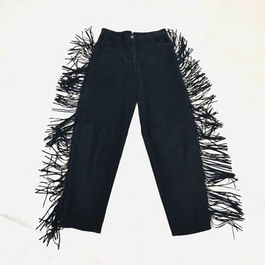 Vintage Black Leather Fringe Pants Size Small Medium By Micheal Hoban // Vintage Black Suede Leather Fringe Pants Rodeo Black Leather Pants 