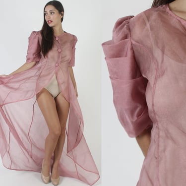 RESERVED - Avant Garde Mauve Origami Sleeve Sheer Nightgown, Sexy See Through Wedding Robe, Long Bridal Honeymoon Dress With Train 