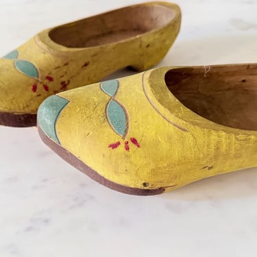 Antique Hand Carved Wood Clogs Sauna Shoes Yellow Wooden Shoes Painted Primitive Rustic Small Women’s Clogs Wooden Shoe European Made Signed 