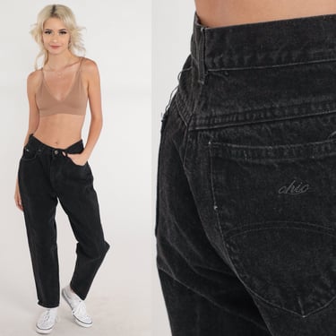 Tapered Black Jeans 90s Mom Jeans High Waisted Rise Chic Denim Pants Slim Leg Retro Basic Simple Plain Casual Vintage 1990s Small S 28 