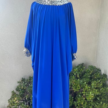 Vintage 80s evening kaftan Royal blue with silver sequins trim OS by My kinda Gal 