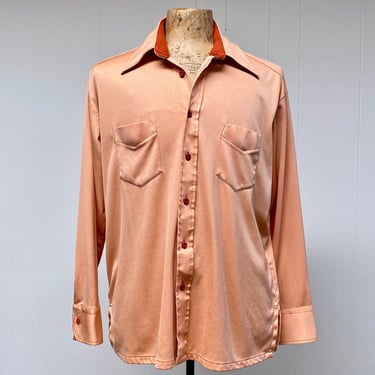 Vintage 1970s Men's Peach Disco Shirt, 70s Sears Slinky Polyester Dress Shirt, XXL 52 Inch Chest 