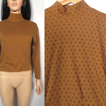 Vintage 80s Mock Neck Button Back Brown Tailored Cropped Long Sleeve Tshirt With All Over Diamond Print Size S/M 