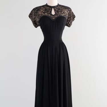 Elegant 1940's Dorothy O'Hara Illusion Lace Cocktail Dress / ML
