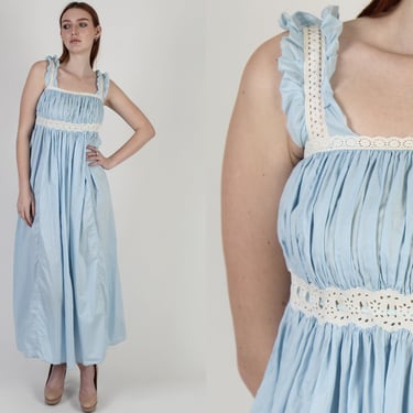 1960s Thin Blue Nightgown Dress / 60s Shelf Bust Sexy Negligee / Vintage MCM Eyelet Lingerie Maxi Gown 