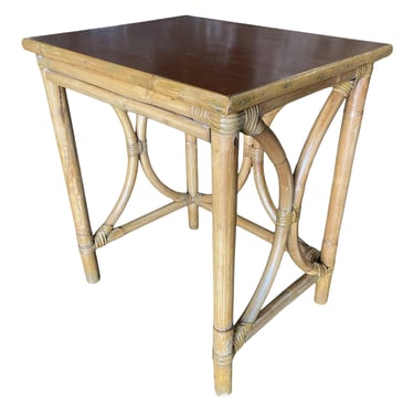 Restored 1950s "Hour Glass" Rattan Side Table with Acacia Koa Wood Top 