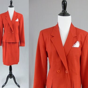 80s Red Skirt Suit by Karen Joyce Petites - Double Breasted - Shoulder Pads - Vintage 1980s - S 
