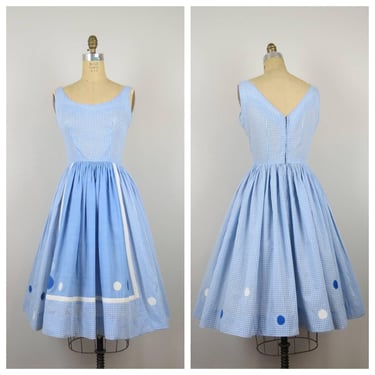 Vintage 1950s gingham dress, cotton, fit and flare, polka dot, full skirt 