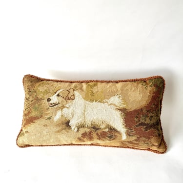 Vintage Needlepoint Throw Pillow Dog Neutral Hues 