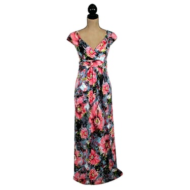 S - Y2K Watercolor Floral Maxi Dress, Boho Cap Sleeve Jersey Knit V Neck Empire Waist Long Summer Dress Small, 2000s Clothes Women Vintage 