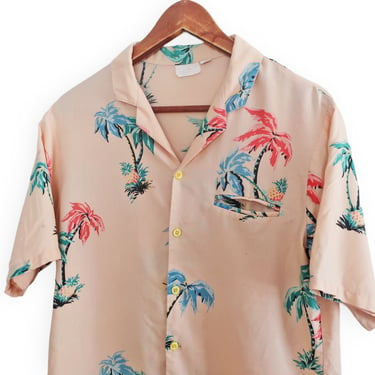 vintage aloha shirt / Hawaiian shirt / 1970s palm tree print rayon aloha Hawaiian shirt Medium 