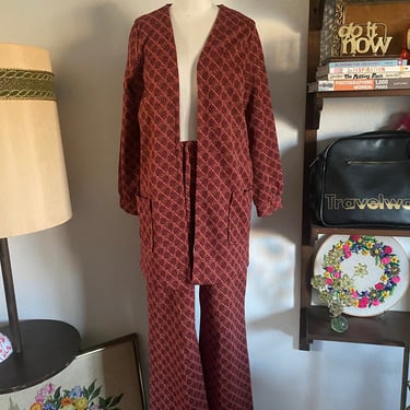 Vintage 70s Bold Fall Bohemian Mod Polyester Matching Set with Cardigan, Skirt, & Flared Pants; 70s Coordinating Set; 60s Retro Pantsuit 