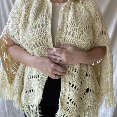 70s Hand Crocheted Poncho with Fringe and Collar One Size 