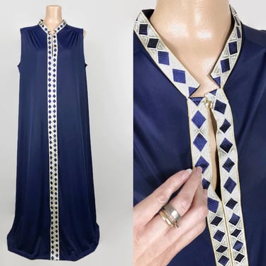 VINTAGE 60s 70s Sapphire Blue Egyptian Revival Lorraine Nightgown Sz Large | 1960s 1970s Muumuu Hostess Gown | vfg 