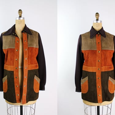 Vintage 70S Suede Jacket / 70s Patchwork Mod Coat / Fall Coat / Colorblock Coat / Size S/M 
