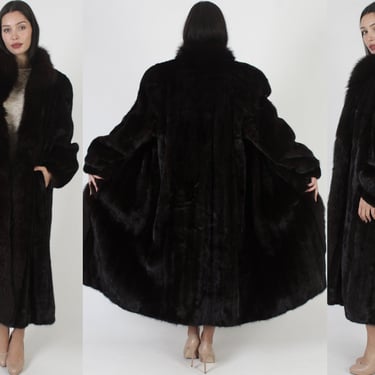 Full Length Darkest Brown Mink Coat / Soft Fox Fur Trim / 70s Mahogany Shawl Collar Maxi / Long Luxurious Real Wedding Overcoat 
