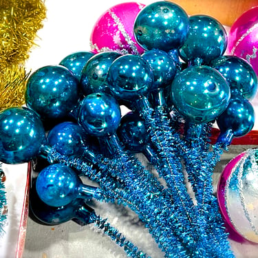 VINTAGE: 6pc - Unique Hand Blown Aqua Turquoise Blue Glass Ball Stems - Christmas Ball Picks - Glass Stems - Ornament, Corsage, SKU 