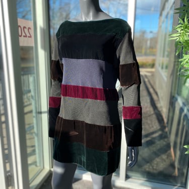 GIANFRANCO FERRE Vintage Velvet Mesh Silk Blend Mini Dress - Size 8 - 1980s 80s Retro Sheer Panel Colorblock Multicolor Long Sleeve Designer 