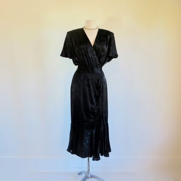 1980's Black Silk Jacquard Evening Midi Dress Faux Wrap Flutter Sleeves Mermaid Skirt 40's Style Formal Cocktail Party Size Small Medium 