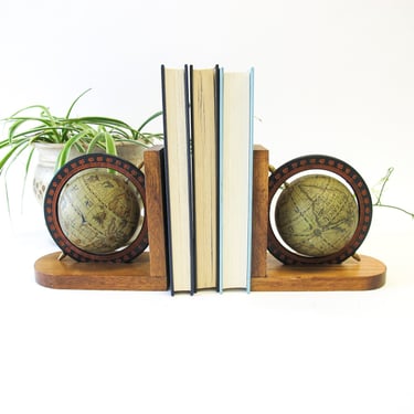 Set of 2 Wood Spinning Paper Mache Wood Globe Bookends 