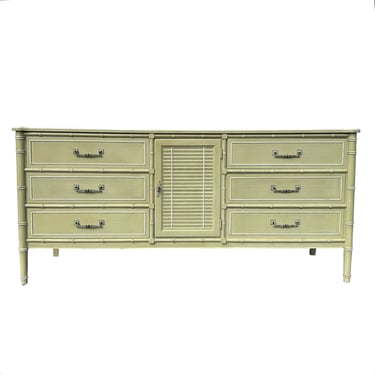 Faux Bamboo Dresser with 9 Drawers by Henry Link Bali Hai 70" Long Vintage Sage Green Shutter Louver Door Hollywood Regency Coastal Credenza 
