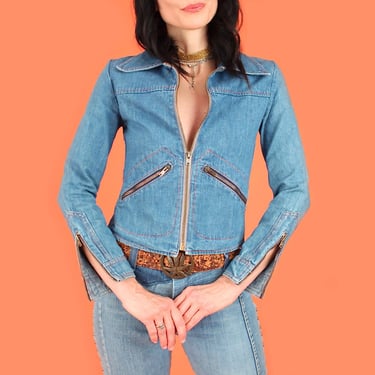 ViNtage 70's Ultra Fitted Zip Denim Jacket  // GLAM Jean Jacket by Boulmiche //   HiPPiE Disco 70s Rock 