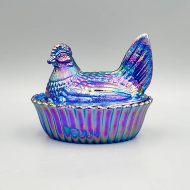 Summit Art Glass Cobalt Carnival Hen on a Nest | Vintage Iridescent Covered Chicken Dish 