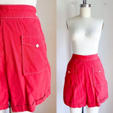 Vintage 1940s Red High Waist Pin Up Shorts / S 