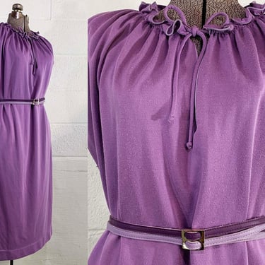 Vintage Pastel Purple Dress Midi Short Cap Sleeve Blousy Peasant Keyhole Tie Neckline Violet Lavender Party Plus Curvy Volup 1XL 1X XL 1970s 