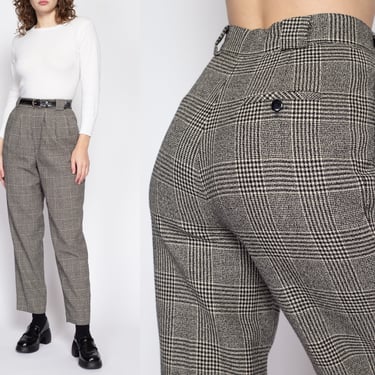 Small 80s Black & White Plaid Wool Trousers 27" | Retro Vintage High Waisted Tapered Leg Lined Pants 