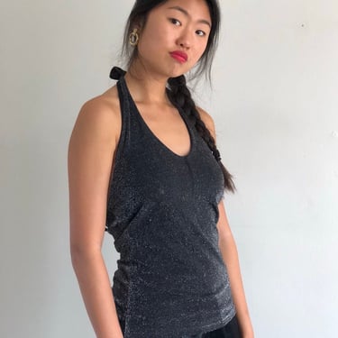 90s halter top / vintage black metallic glitter knit sleeveless cocktail halter top made in USA | Small 