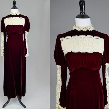 60s 70s Red Velvet and Lace Dress - Neo Victorian - Blood or Burgundy Red - Off White Lace - Rayon Velvet - Vintage 1960s 1970s - S 