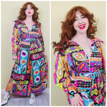 1970s Danielle Nylon Psychedelic Jumpsuit / Rainbow Neon Palazzo Pant Zip Front Belted Lounge Suit / Large - XL 