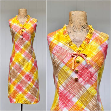 Vintage 1960s Sleeveless Sun Dress, 60s Bright Ruffled Neckline Sheath, Medium 